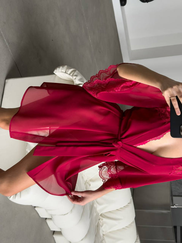 Noir Sabahlık & Bodysuit Set - Bordo