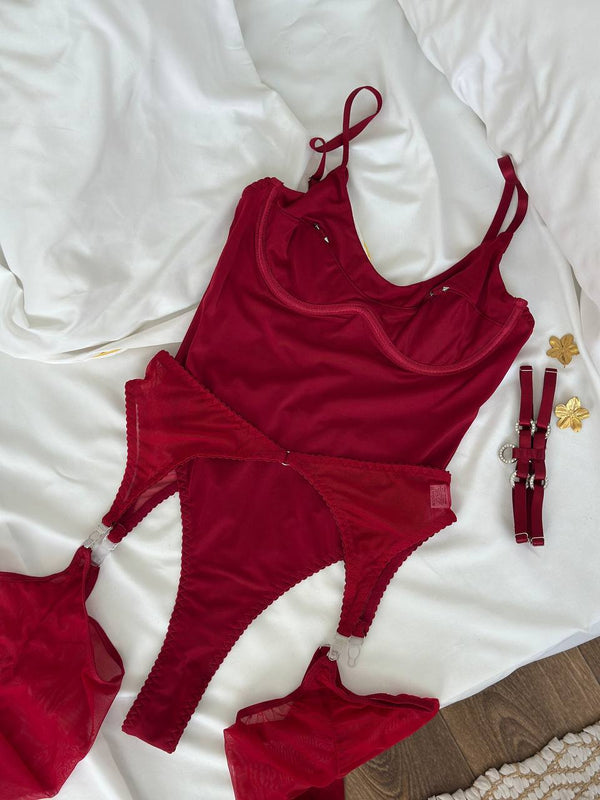 Dominique Bodysuit Set (Çorap Dahil) - Bordo