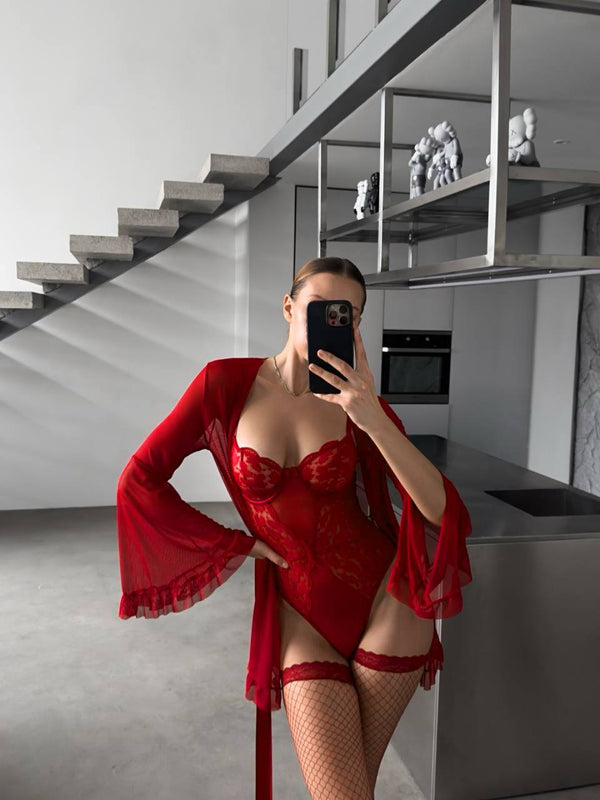 Sweeny Sabahlık & Bodysuit Set (Çorap Dahil) - Kırmızı
