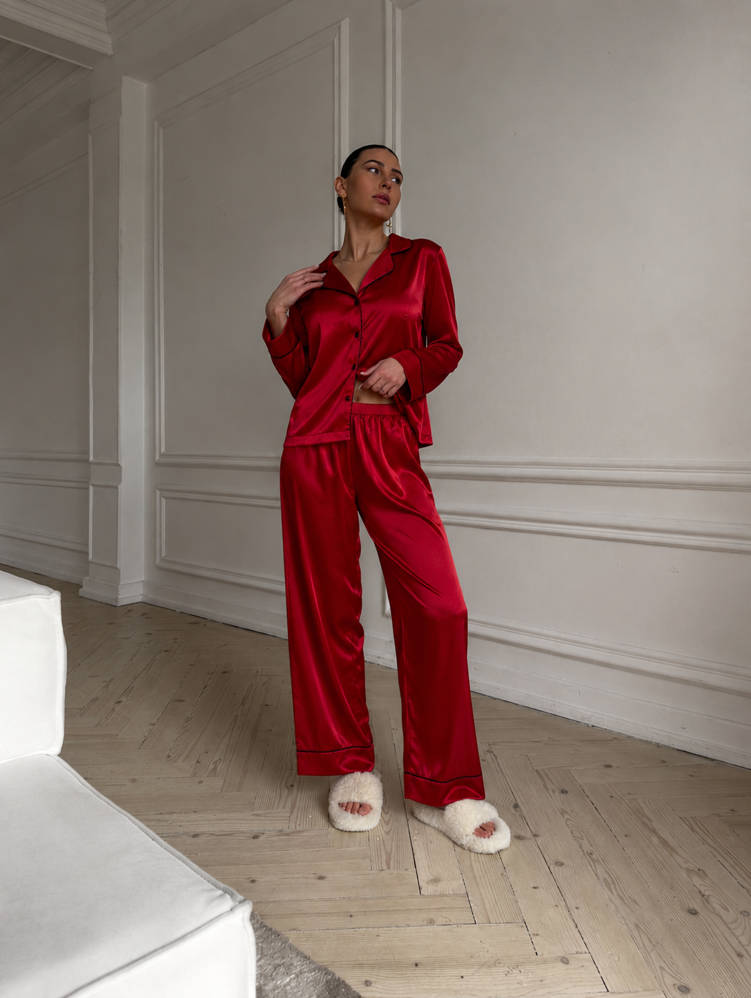 Saten Pijama Takımı - Kırmızı