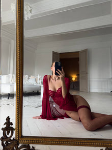 Sweeny Sabahlık & Bodysuit Set (Çorap Dahil) - Bordo