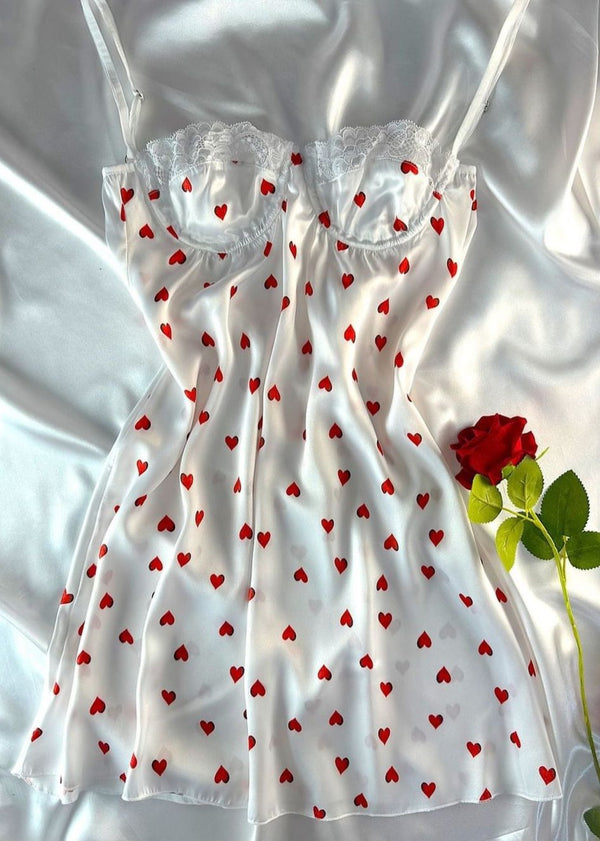 Hearted Saten Gecelik - Beyaz