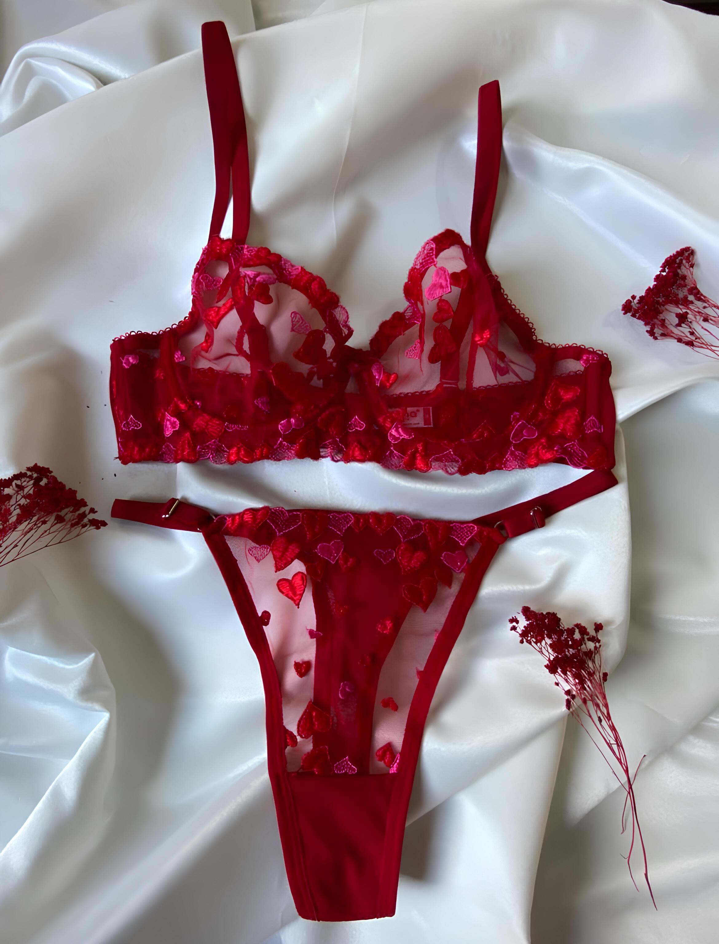 RED HEART BRA SET