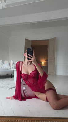 Sweeny Sabahlık & Bodysuit Set (Çorap Dahil) - Bordo